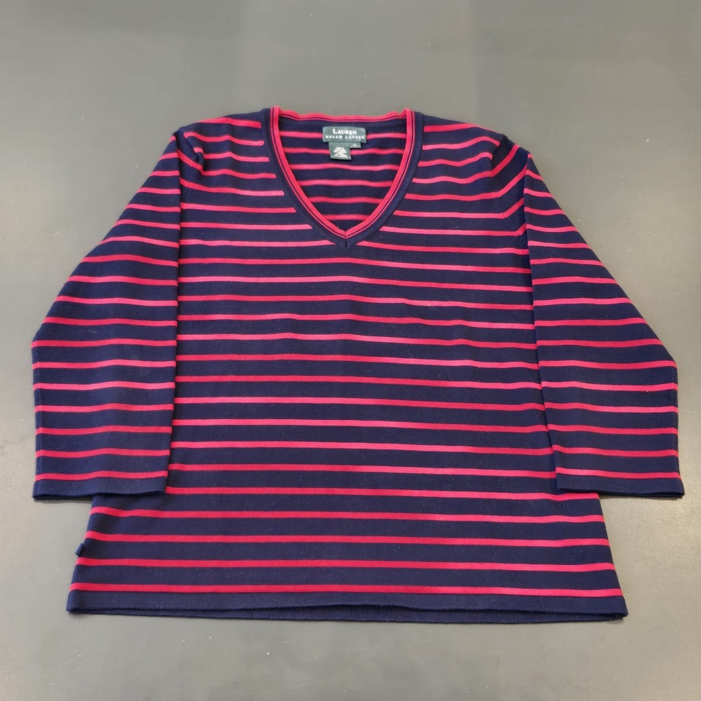 LRL Lauren Ralph Lauren Top L Women's Red Blue Striped V-Neck Pullover Classic